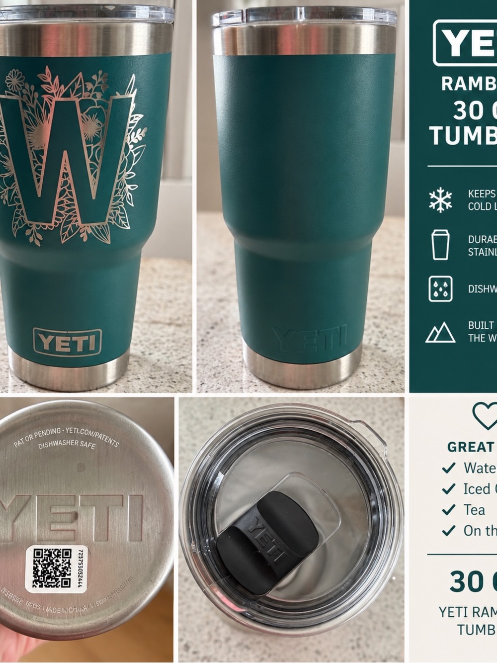 Yeti 30oz Rambler in River Green - Engraved with a “W” on one side